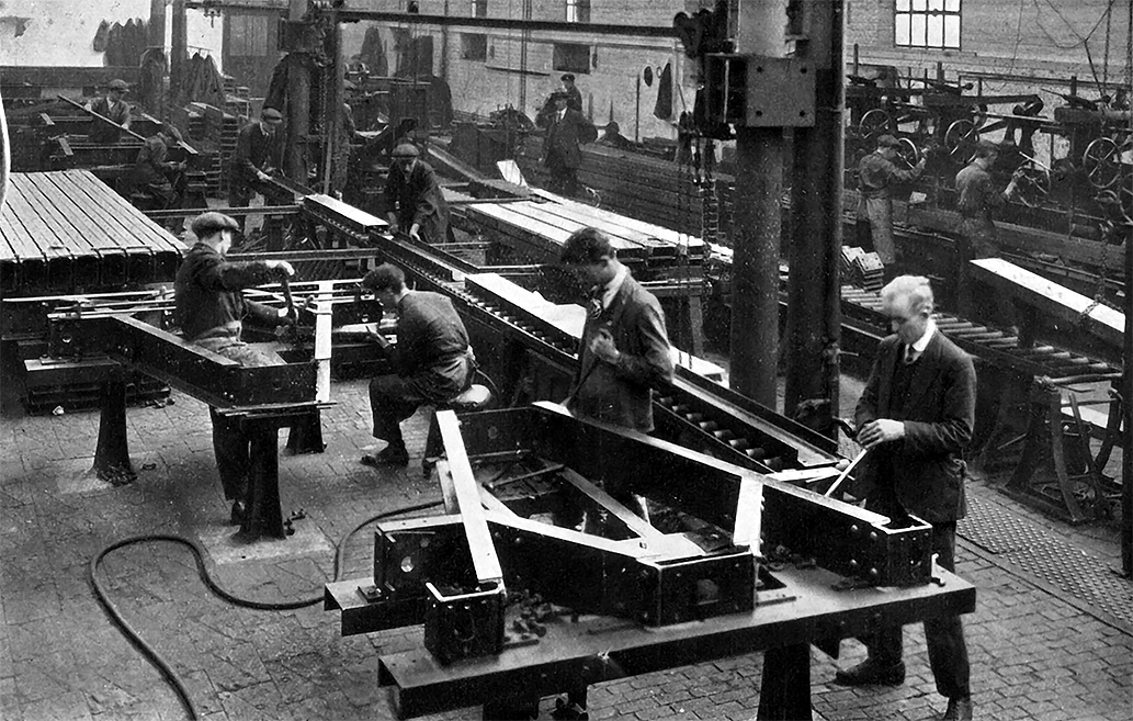 Photo of Building Standard 12-ton Covered Goods Wagons: Construction of Underframe Ends on Jigs.